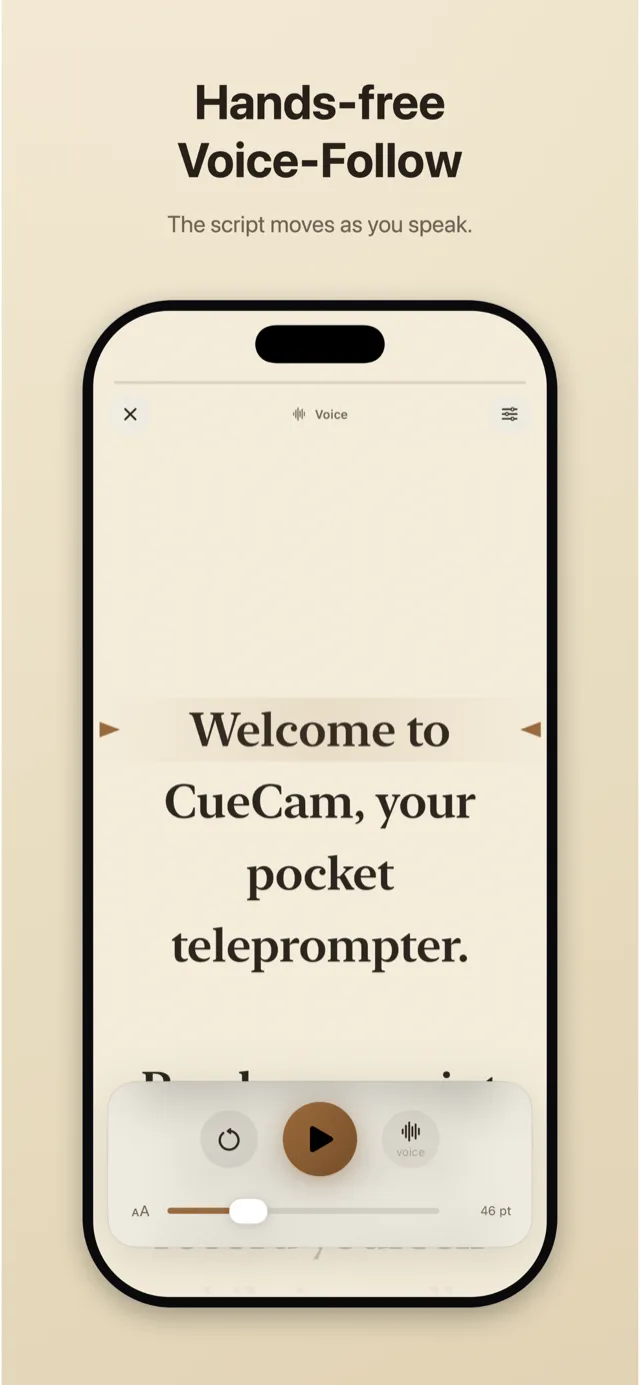 CueCam teleprompter with the current line highlighted as the script scrolls