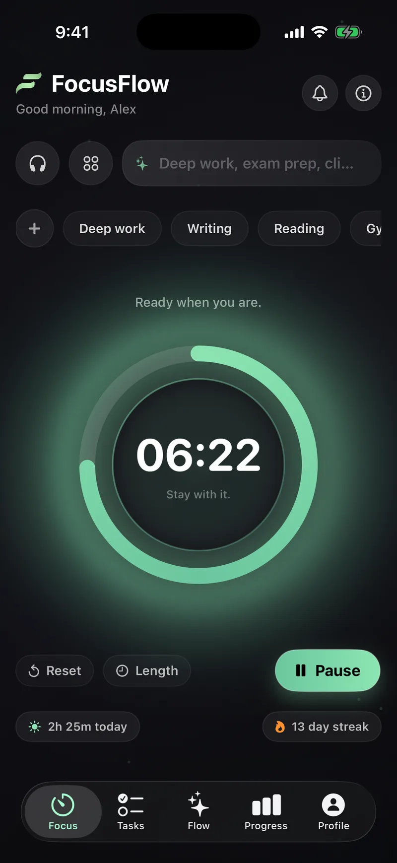 FocusFlow running a deep-work session with the countdown timer